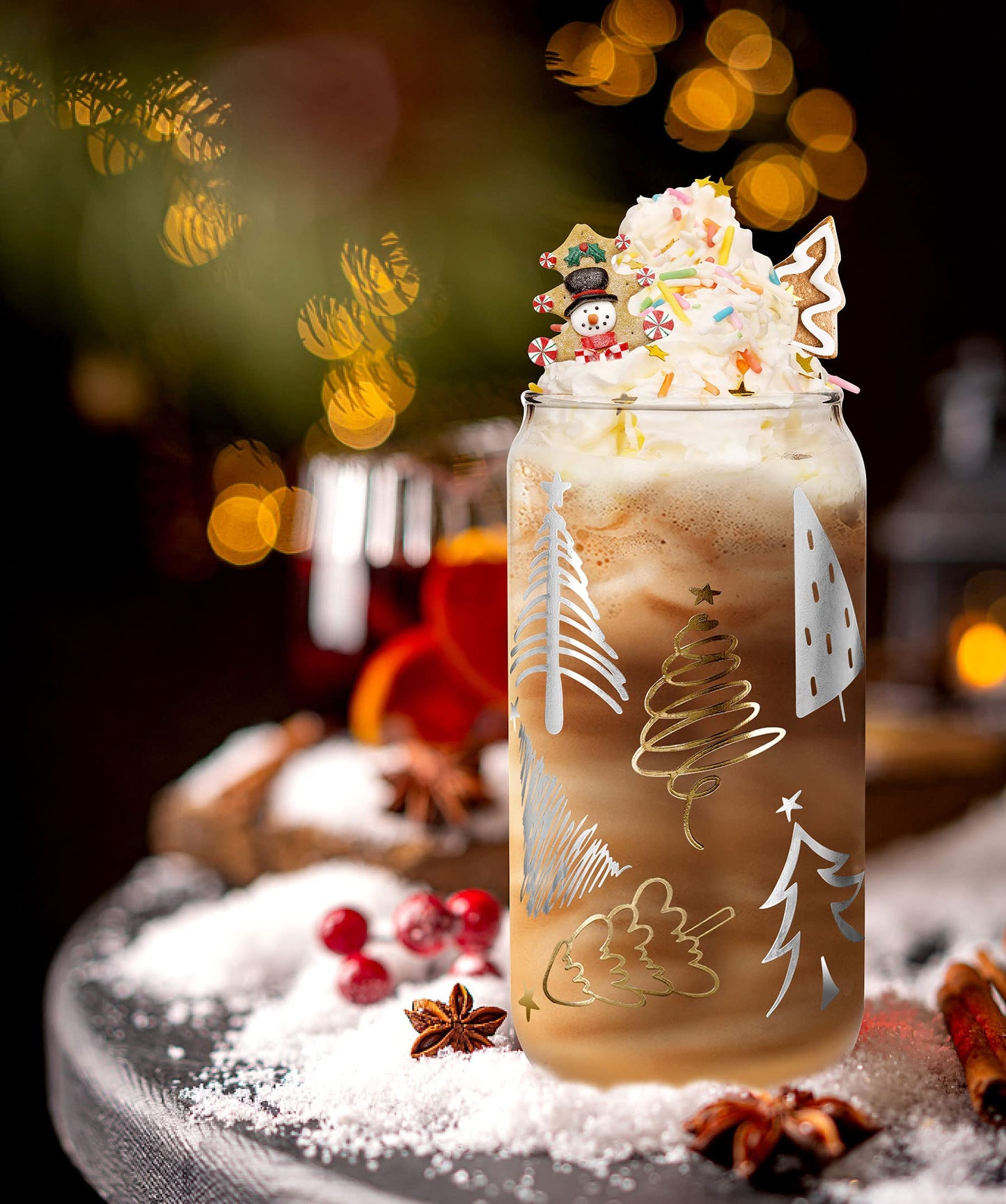 Christmas Cups, 18oz Christmas Iced Coffee Glass Cups with Lids and Straws White Elephant Gifts for Adults Colorful Xmas Tree Elk Tumbler Drinking Glasses Christmas Teacher Gifts for Women Men