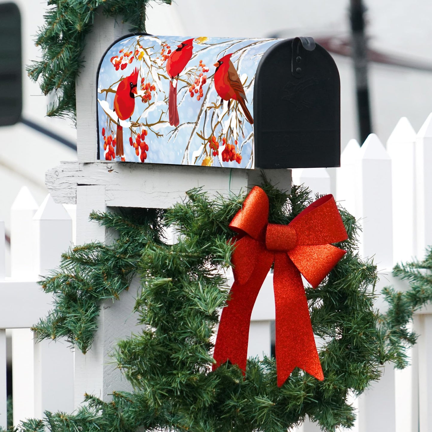 Texupday Winter Cardinal Trio Berries Decoration Mailbox Cover with Magnetic Strip Christmas Holiday Mailbox Wraps Post Letter Box Cover Standard Size 21" X 18" for Garden Outdoor Yard Decor