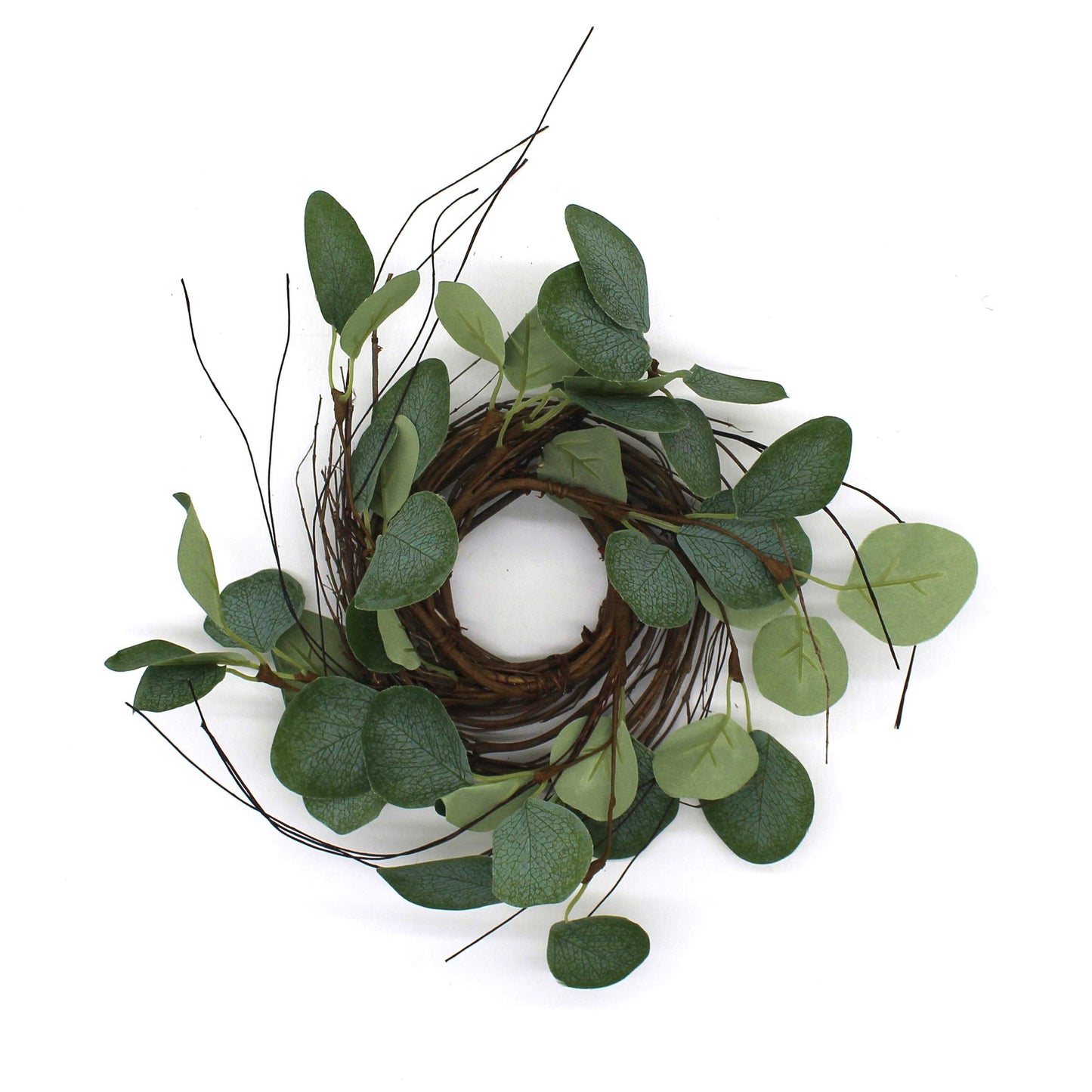 CVHOMEDECO. Rustic Country Artificial Eucalyptus Leaves and Twig Wreath, Year Round Full Green Wreath for Indoor or Outdoor Display, 9-Inch