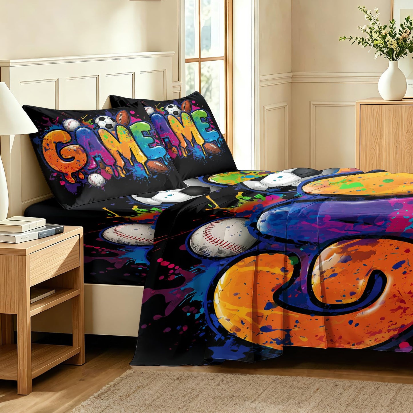 Ball Sports King Sheet Set 4 Pcs Graffiti Game Bed Sheets, Black Blue
