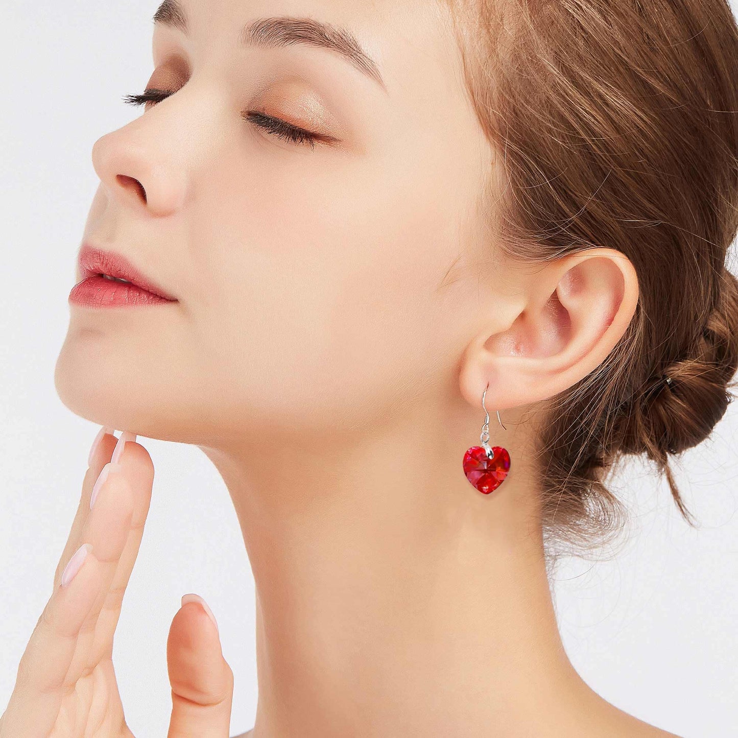 Austrian Crystal Heart Drop Dangle Earrings for Women 925 Sterling Silver Hook Hypoallergenic Earring (Red)