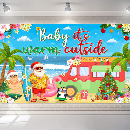 Christmas in July Backdrop 72x43 Inch Polyester Fabric, Baby Its Warm Outside Summer Santa Beach Party Decorations, Tropical Holiday Photo Background for Pool Luau Wall Decor