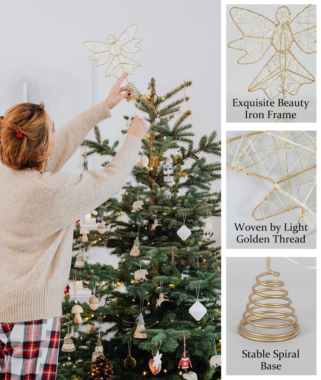 Roylvan Christmas Tree Topper Angel, USB-Powered Christmas Tree Light with Remote & 6H Timer, 3D Hollowed Angel Decoration for Xmas Trees Home Decor Outdoor Party, 9.8 Inch (H), Gold