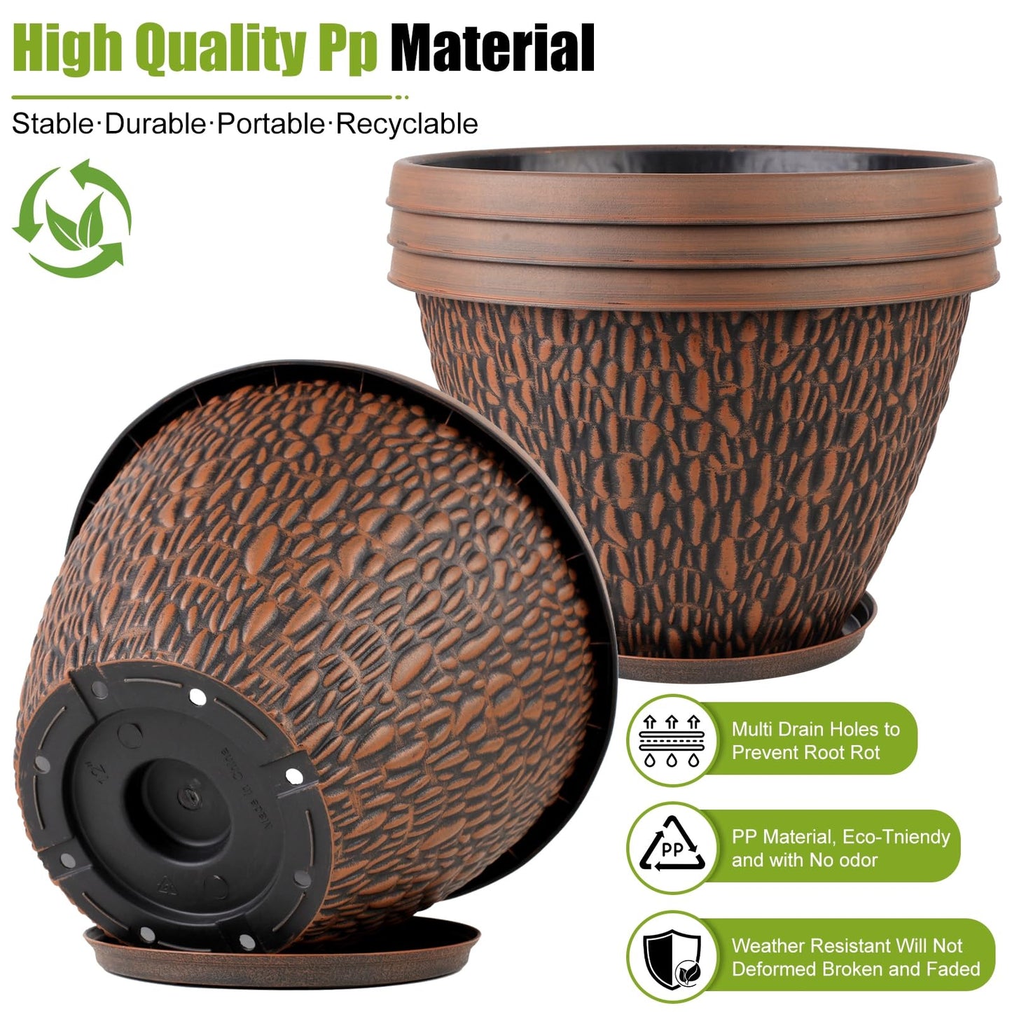 Nooulap 4 Pack Flower Pots Outdoor, 10 Inch Plant Pot with Drainage Hole & Tray, Thickened Plastic Planters for Indoor Outdoor Plants, Lightweight Brown Decorative Garden Pot with Saucer