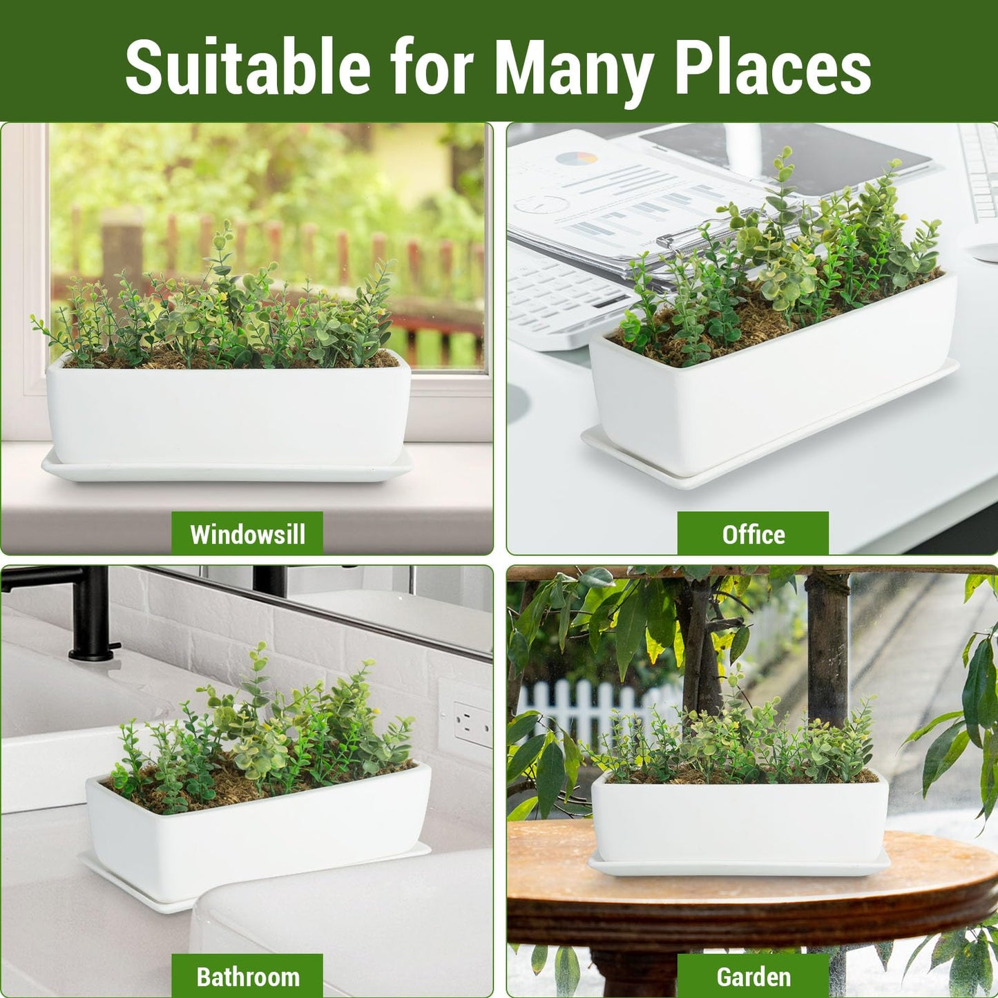 MyGift 14 Inch Ceramic Indoor Plant Pot with Drainage Hole, Rectangular Succulent Planter Window Box with Removable Saucer, Unglazed White