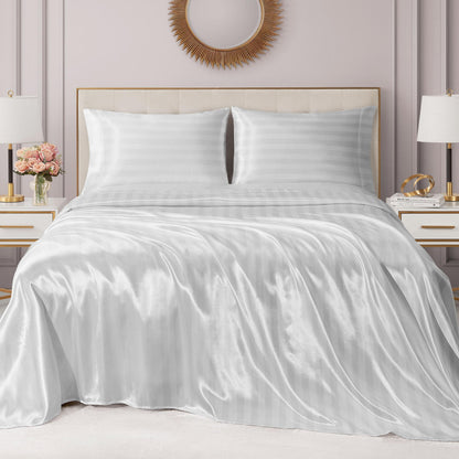Juicy Couture Silky Satin Damask Sheet Set - Luxury White Bedding - Smooth Striped Sheets - Full Size