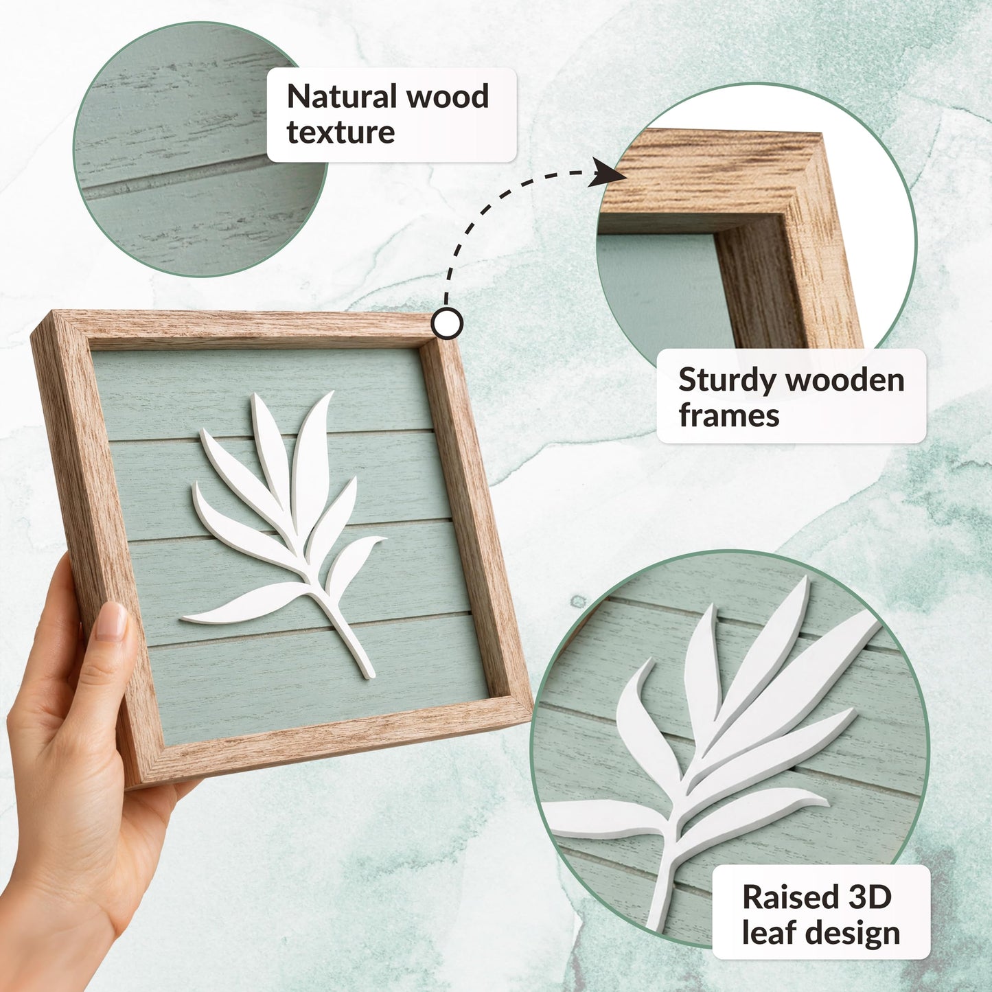 Tide and Tales 3D Sage Green Leaf Botanical Wall Art (Framed Set of 4) – Textured Boho Botanical Bathroom Art Wall Decor – Leaf & Plant Accent for Bedroom or Living Room 7"x7"
