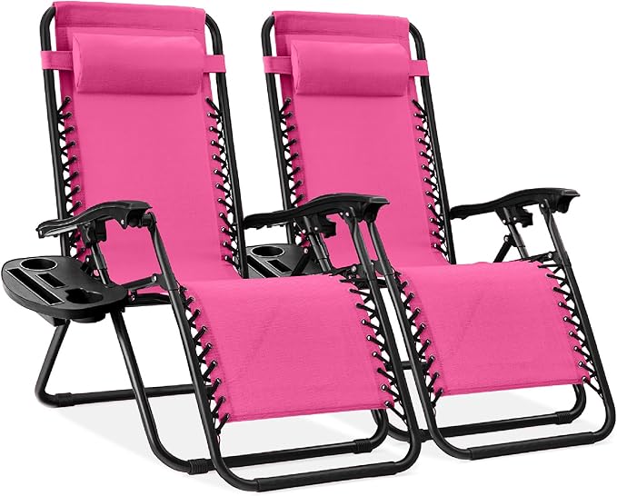 Best Choice Products Set of 2 Adjustable Steel Mesh Zero Gravity Lounge Chair Recliners w/Pillows and Cup Holder Trays - Hot Pink/Black