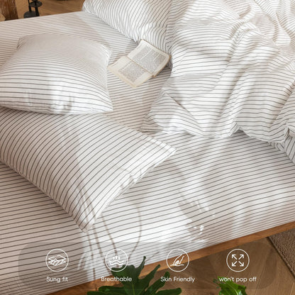 MooMee Fitted Bottom Sheet Only 100% Washed Cotton Linen Like Textured Breathable Durable Soft Comfy Deep Pocket Fits Mattress up to 17" (White Dark Grey Wide Stripes, Queen)