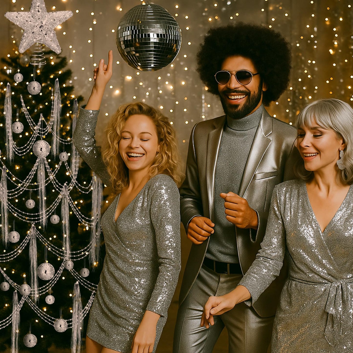 Thyle 10022 Pcs Disco Christmas Decor 20 Mirror Disco Balls 10000 Silver Tinsel Icicle Strands Glittered Star Tree Topper Ornaments 10 Meter Beaded for Christmas Party Supplies