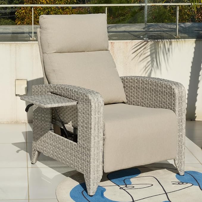 Outdoor Recliner Chairs Set of 2 Reclining Patio Chairs with Adjustable Back and Extended Footrest Wicker Rattan Recliner Chairs with Flip Table and Removable Cushion