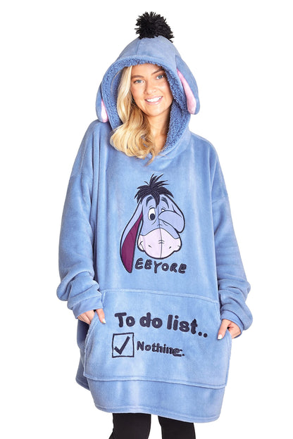 Disney Stitch Blanket Hoodie for Women Teens, Wearable Oversized Fleece Hooded Poncho with Pocket, Cozy Gifts for Women (Blue Eeyore)