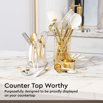 White & Gold Cooking Utensils Set - Luxe 8-Piece Kitchen Gadget Set Includes Can Opener, Tongs and Garlic Press - Stylish White and Gold Kitchen Accessories for Modern Kitchens, Ideal for Gifting