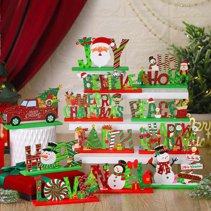 Marsui 12 Pcs Christmas Wooden Table Decor Xmas Decorative Home Table Centerpiece Merry Christmas Wood Signs Lime Green and Red Hope Believe Joy Noel Peace Love Wooden Signs for Party Decoration