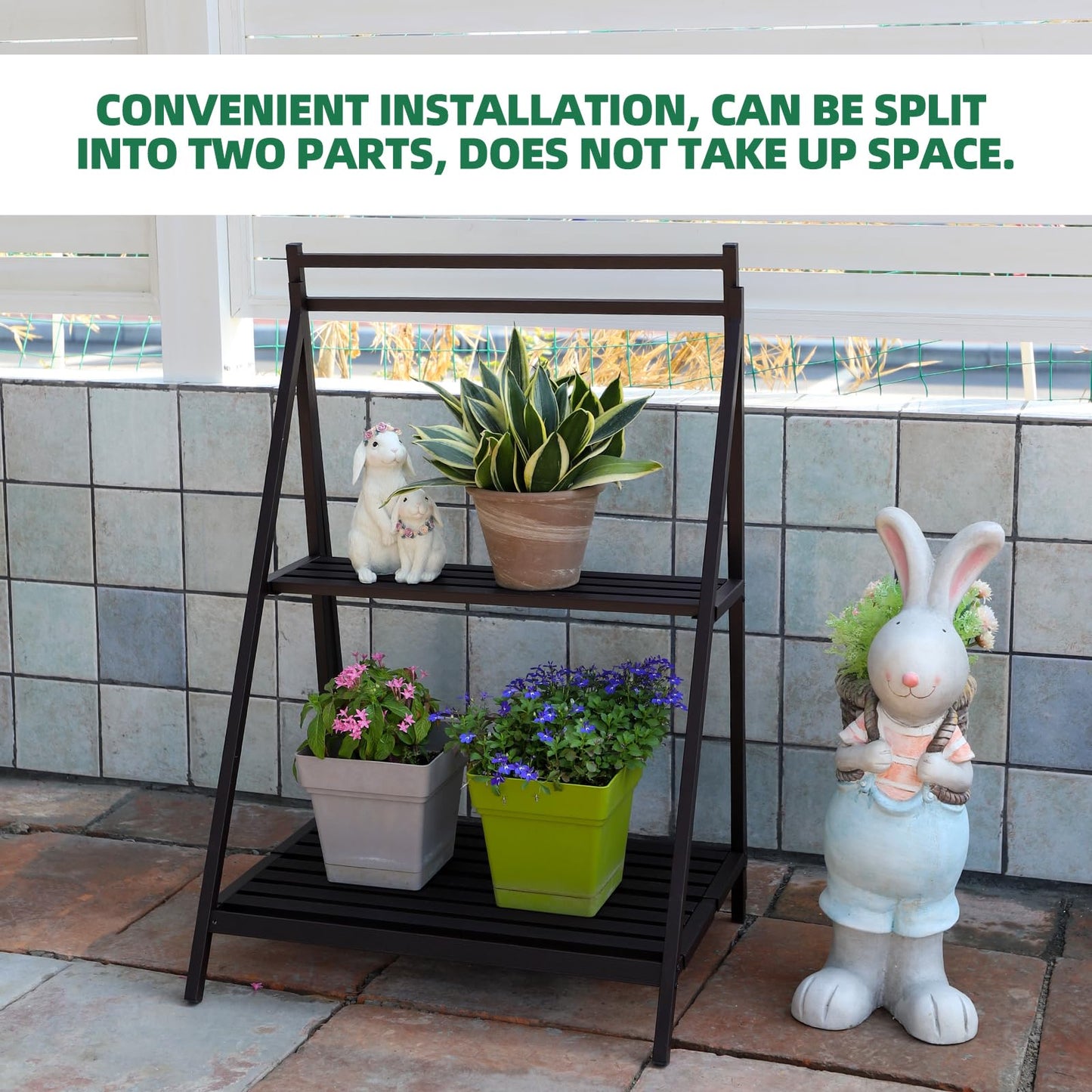 MultirackX Hanging Plant Stand Folding Plant Stand 2 Tier Ladder Shelf with Hanging Rod Height Adjustable Flower Pot Display Organizer for Balcony Porch Living Room