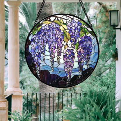 AMDERVEN Stained Glass Window Hanging, Wisteria Flower Sun Catcher for Door Home Decor Purple and Blue Suncatcher Christmas Mother's Day Birthday Gifts for Women Men Mom and Nana 9.8 in