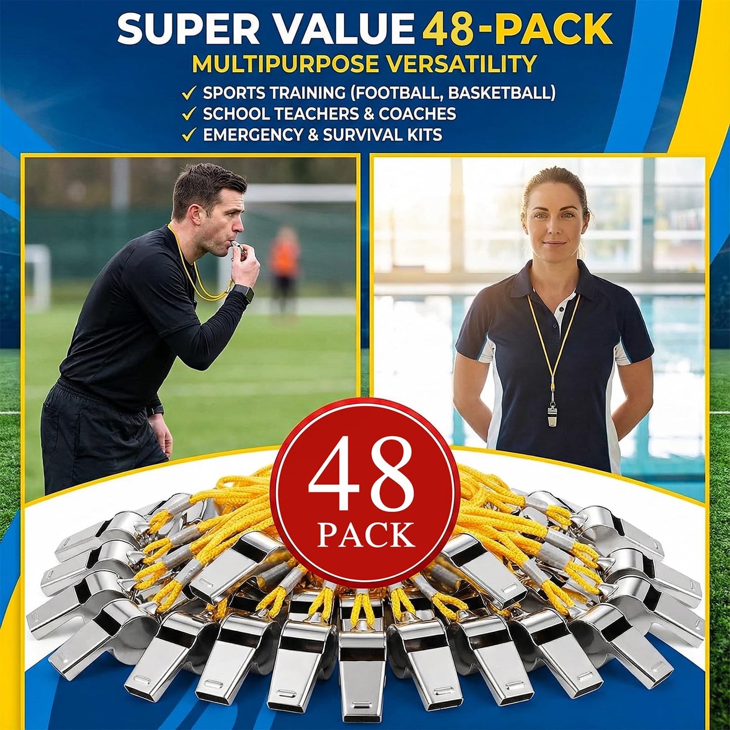 OBKOJJ Whistle,48 PCS Sports Whistles with Lanyard, Loud Crisp Sound Whistles for Referee Teacher Emergency Training