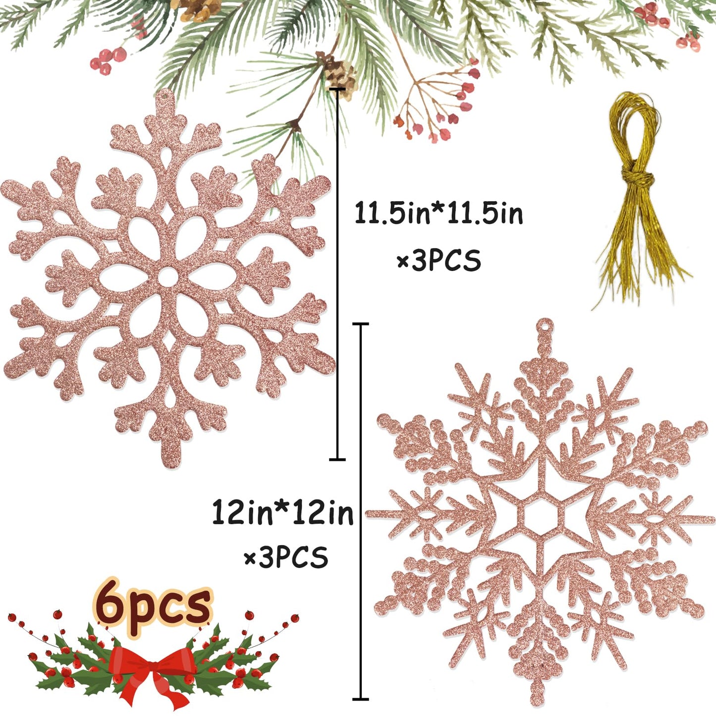 6pcs Large Snowflakes Ornaments Rose Gold 12” Big Plastic Glitter Snowflake for Winter Indoor Outdoor Christmas Tree Window Room Decorations Giant Craft Snowflakes