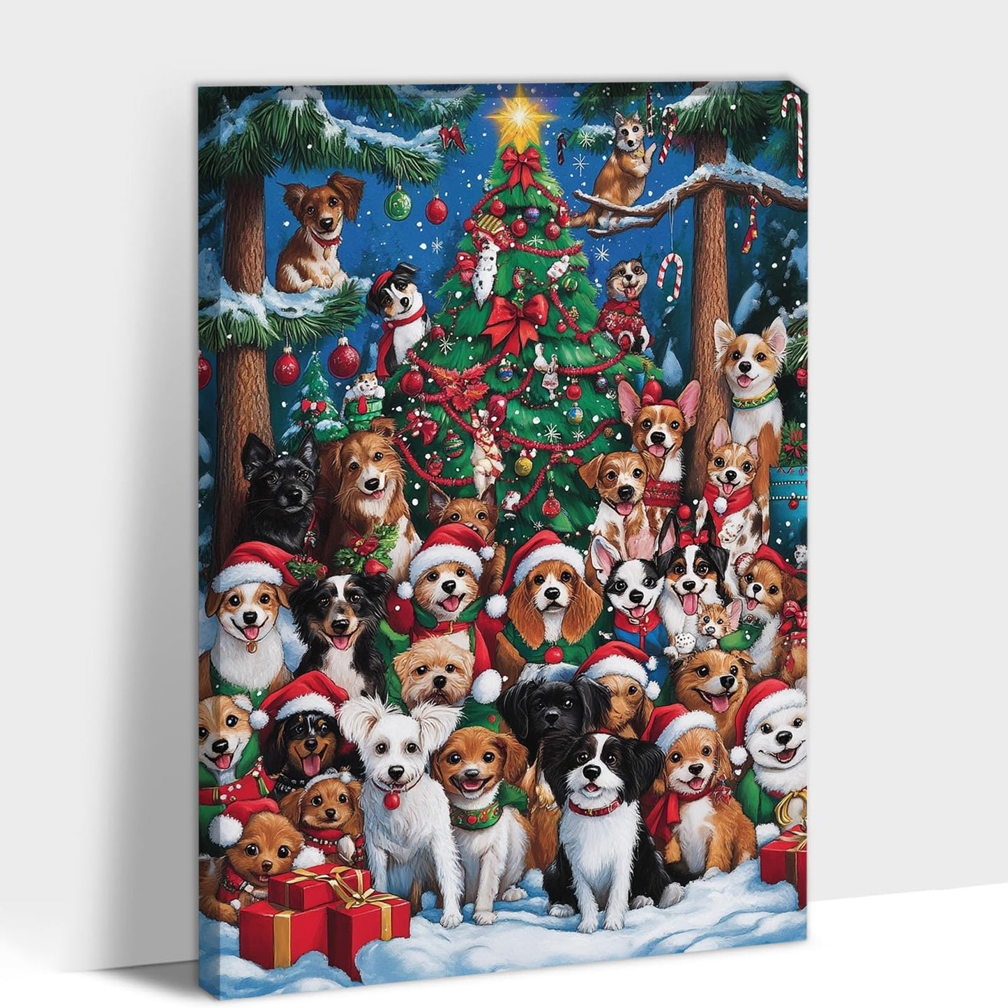 GUTTATY Christmas Canvas Wall Art, Cute Dog Christmas Canvas Wall Decor, Cartoon Christmas Tree Pictures Framed, Winter Scene Canvas Art, Christmas Theme Wall Art Decor for Living Room 18x24 Inch