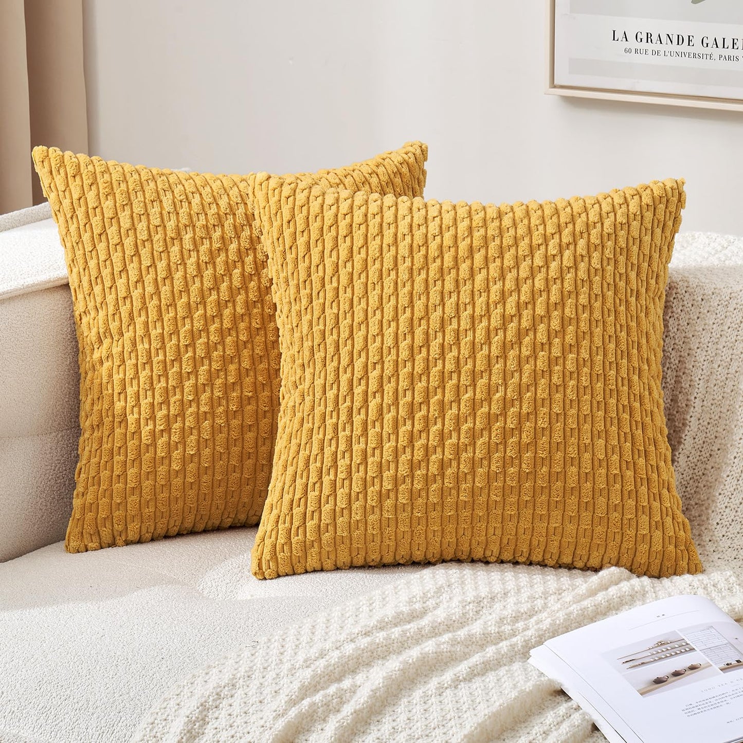 MIULEE Pack of 2 Decorative Throw Pillow Covers 18x18 Inch Soft Boho Striped Textured Corduroy Pillow Covers Modern Farmhouse Home Decor for Couch Bed Sofa Living Room Cream White
