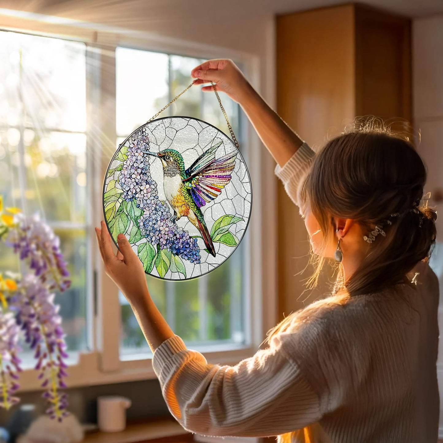 Stained Glass Window Hanging, 8 Inch Hummingbird Sun Catchers, Stained Glass Suncatcher, Window Decor, Gifts for Mothers Day, Birthday, Christmas, Hummingbird Gifts, Gift for Women Mom and Grandma