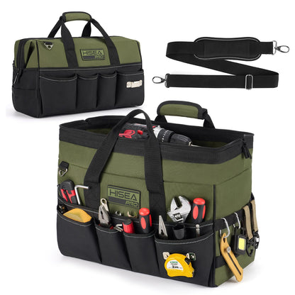 HISEA Heavy Duty Tool Bag 20 Pockets, 16-Inch Portable Tool Box Organizer, 600D Waterproof Wide Mouth Large Storage Toolbag for Electrician, Tradesman with Adjustable Shoulder Strap