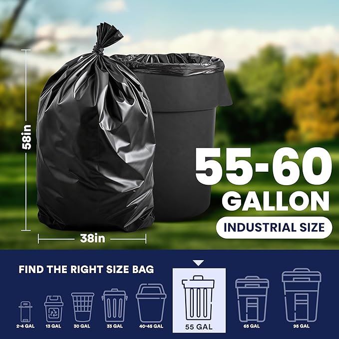 Plasticplace - T55151BK 55-60 gallon Trash Bags │ 1.5 Mil │ Black Heavy Duty