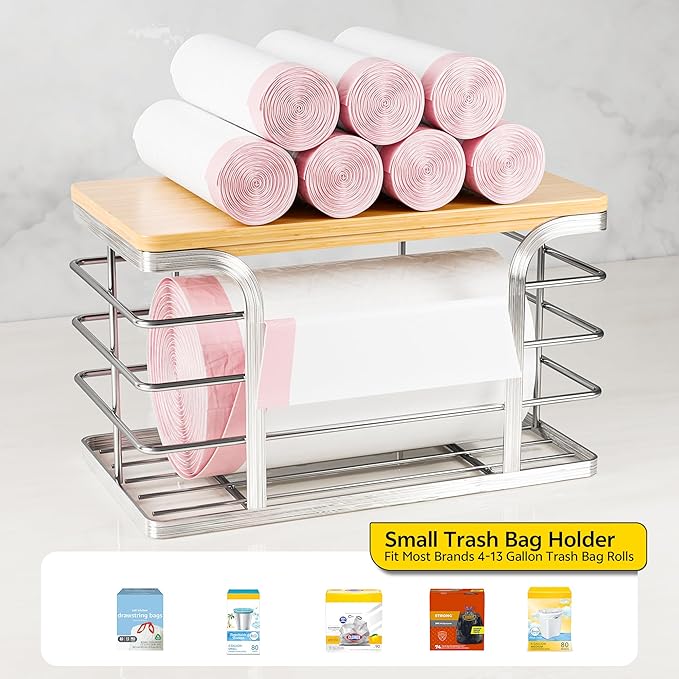 Trash Bag Holder with Bamboo Top, Wall Mount 304 Stainless Steel Garbage Bag