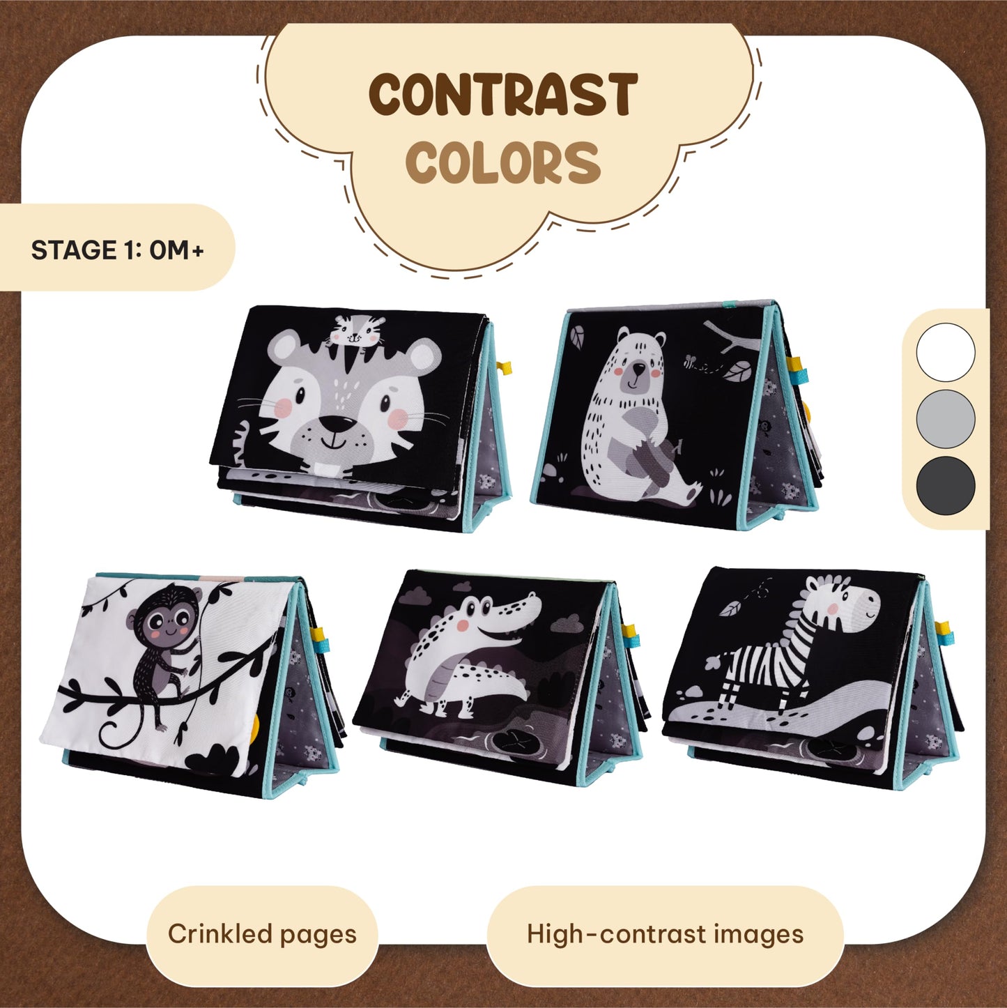 TINITIGIES Tummy Time Mirror for Babies - High Contrast Book with Large Stimulating Baby Safe Mirror & Silicone Teether & Crinkle Pages - Perfect Tummy Time Toys for Babies 0 3 6 9 Months