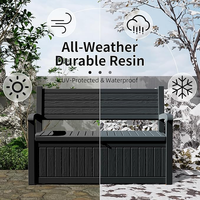 80 Gallon Outdoor Storage Bench Deck Box Waterproof Lockable,Outdoor Storage Furniture for Patio,Garden and Porch,Tools and Cushions（ Black Stripe）