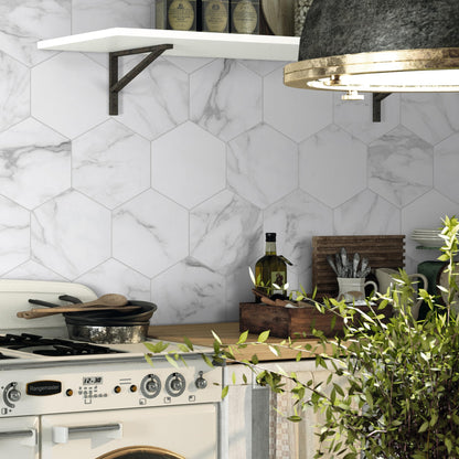 INNO STICKERS 45-Sheet Hexagon Peel and Stick Backsplash, 6" x 7" White Calacatta Marble Looks Self Adhesive Wall Tile, Stone Composite Stick on Decorative Mosaic Tile for Kitchen Bathroom Fireplace