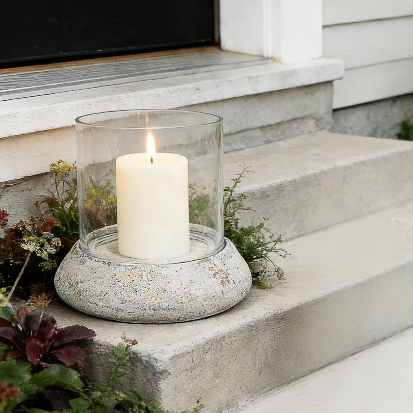 10.5" Farmhouse Glass Hurricane Candle Holder & Glass Vase with Shabby White Metal Base for Pillar & Flower Arrangement, Candlestick Holder, Terrarium, Centerpiece, Console Table, Dining Table, Mantel
