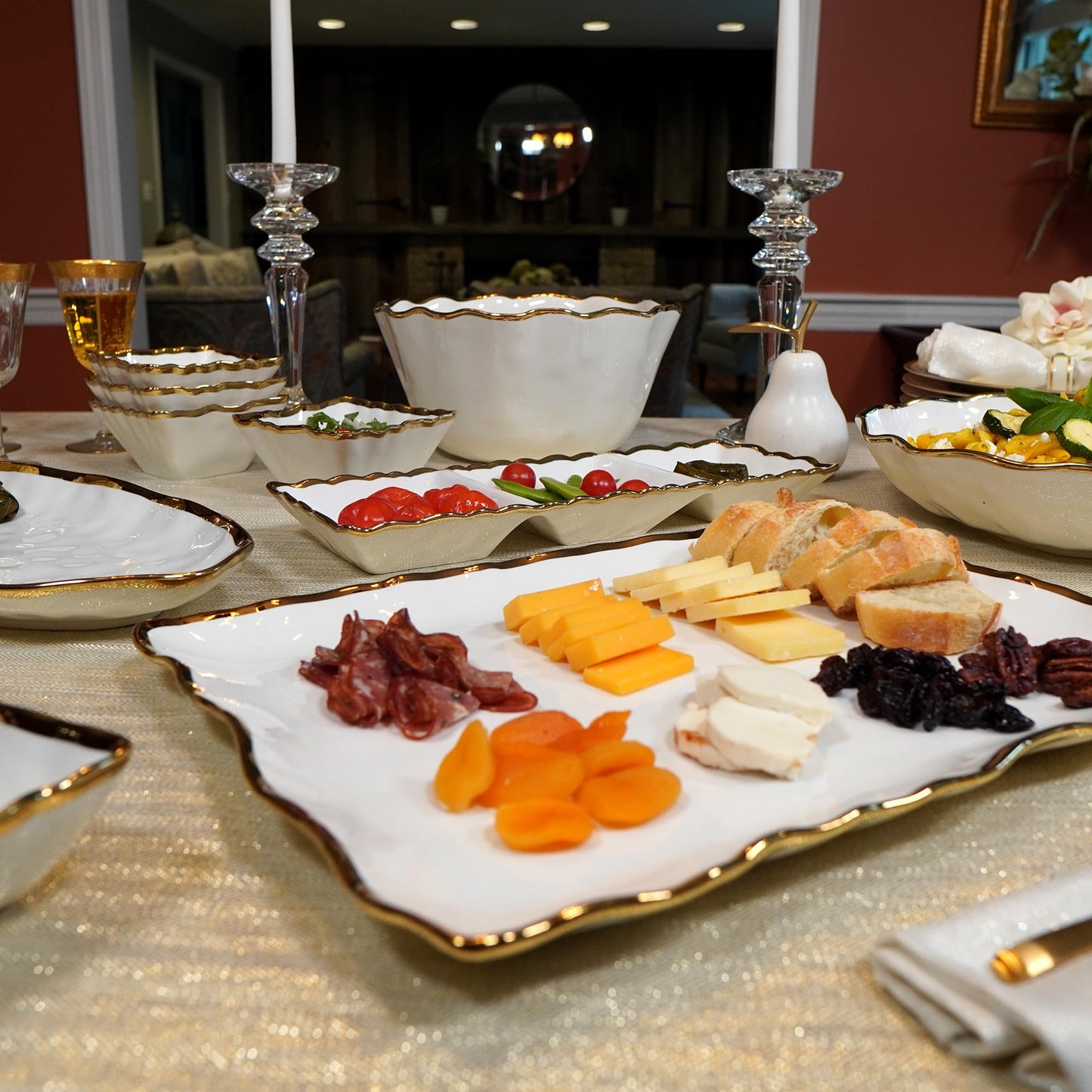 Regency Gold Porcelain Rectangular Platter with Scalloped Edges, Metallic Gold Rim, 16x11.75in, Elegant Serving Dish for Appetizers, Desserts & Buffet, Durable Dinnerware for Entertaining & Everyday