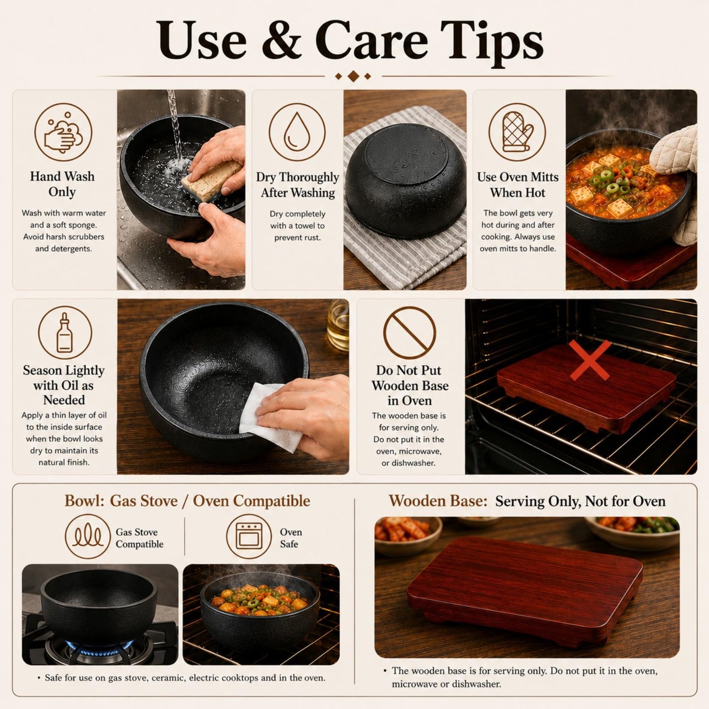 XICHENGSHIDAI Cast Iron Dolsot Bibimbap Bowl with Wooden Base, 31 oz Korean Sizzling Rice Bowl, Heat-Retaining Hot Pot Bowl for Soup, Rice, Stew and Korean Cooking