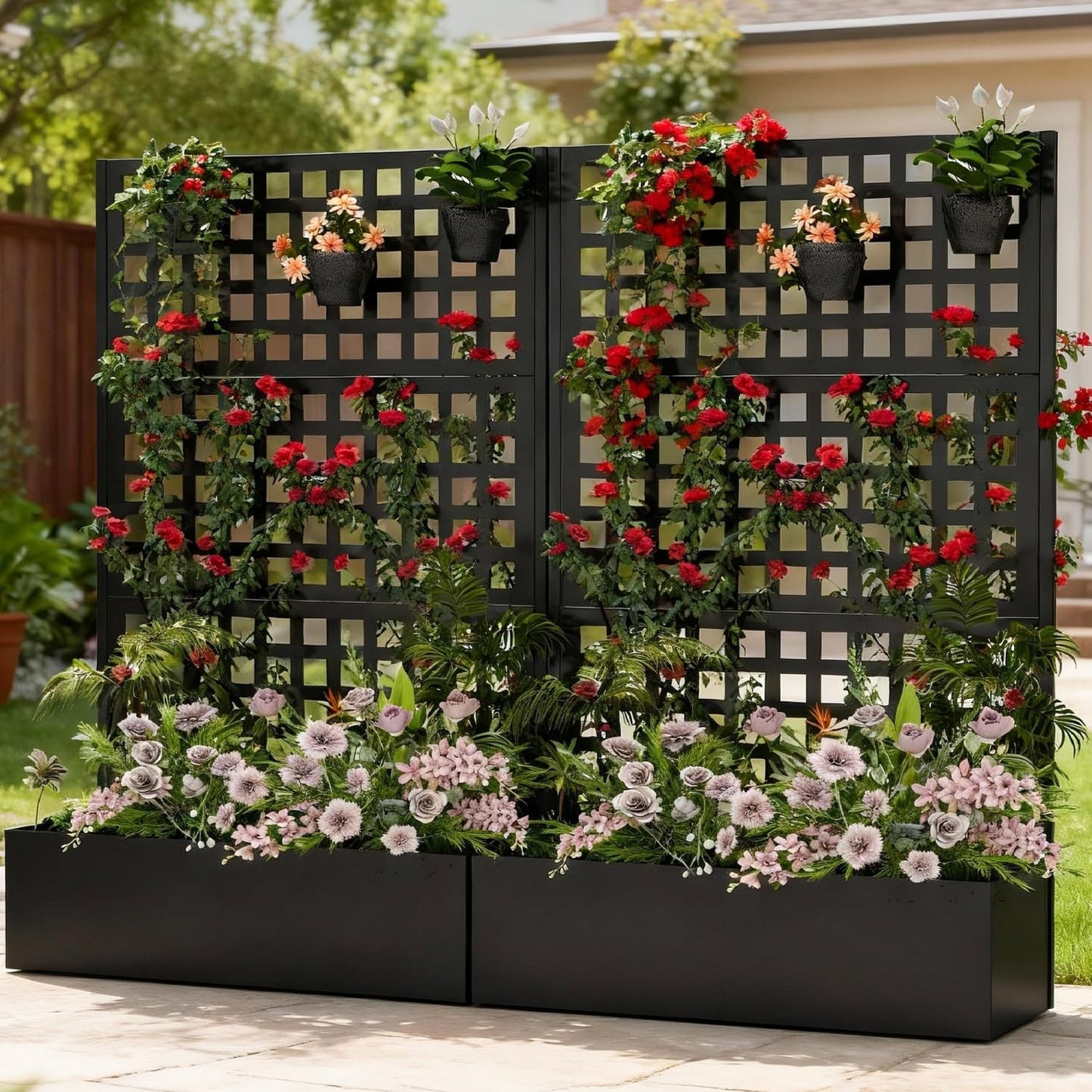 Callales Metal Planter Box with Trellis, Black Raised Garden Bed, Privacy Screen Planters with Trellis for Climbing Plants Vegetable Flowers Outdoor Indoor, Large 2Pcs Set