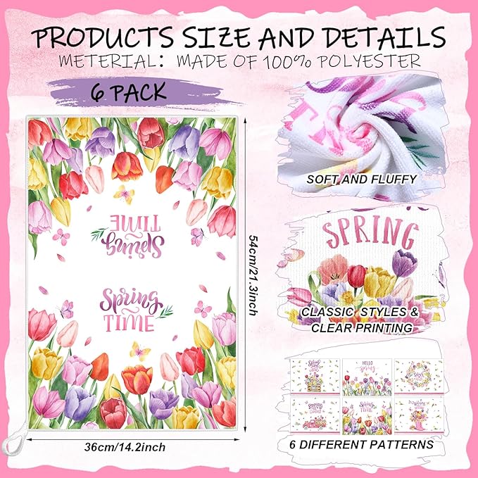 Breling Set of 6 Spring Kitchen Towels Tulip Dish Towel Flower Bathroom