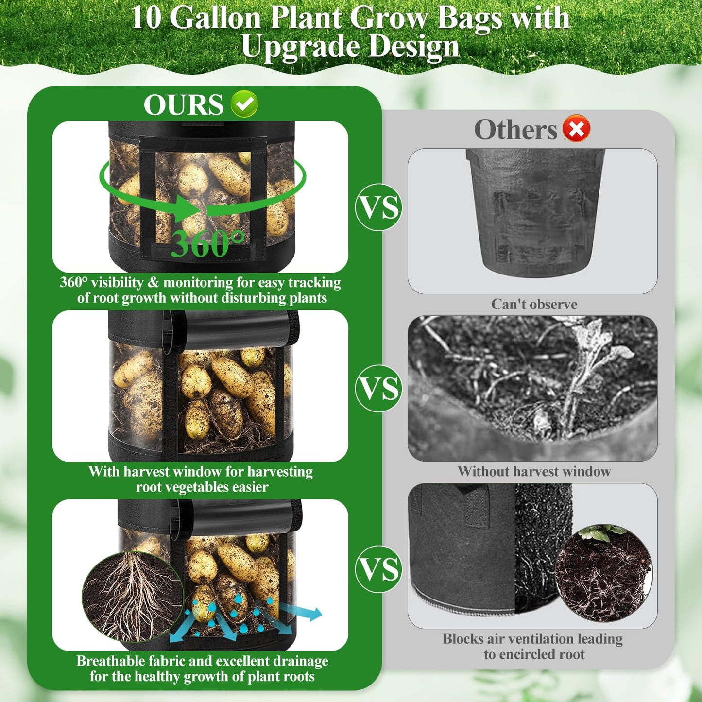 4 Pack 10 Gallon Potato Grow Bags with 360°Visible Window, Heavy Duty Thickened Nonwoven Fabric Plant Grow Bag with Sunshade Cloth, Reusable Garden Grow Bags for Potatoes, Vegetables, Flowers