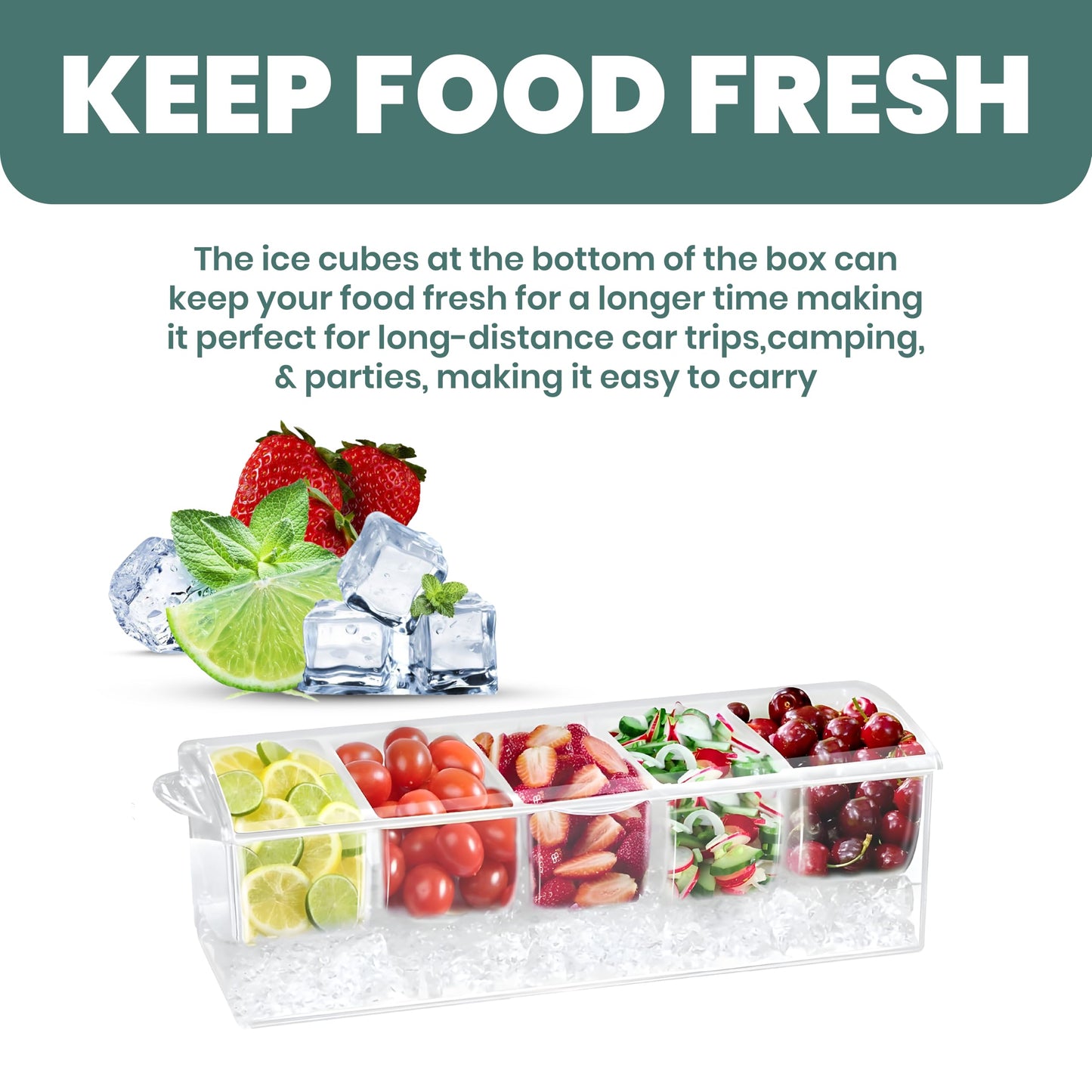 BLIVORRA 𝐋𝐚𝐫𝐠𝐞 Ice Chilled Condiment Server Caddy with 5 Removable Compartments (2.5 Cup), Clear Garnish Tray with Lids – Fruit, Salad, Taco, Bar Platter – Free Stainless Steel Accesories