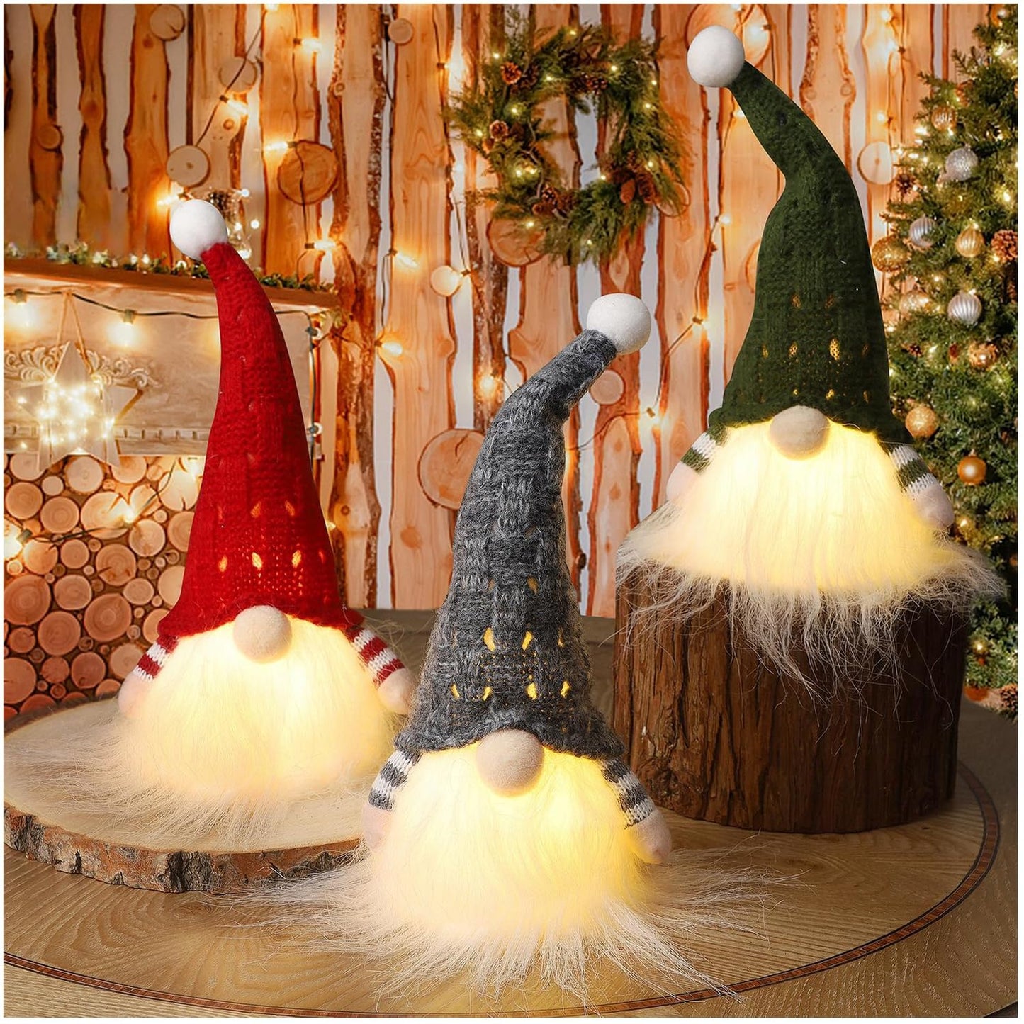 Juegoal Christmas Plush Gnomes, 9 Inch Lighted Handmade Mini gnome Scandinavian, Light Up Swedish Tomte Elf Holiday Present, Battery Operated Xmas Gifts Table Ornaments Dinner Party Supplies, Set of 3