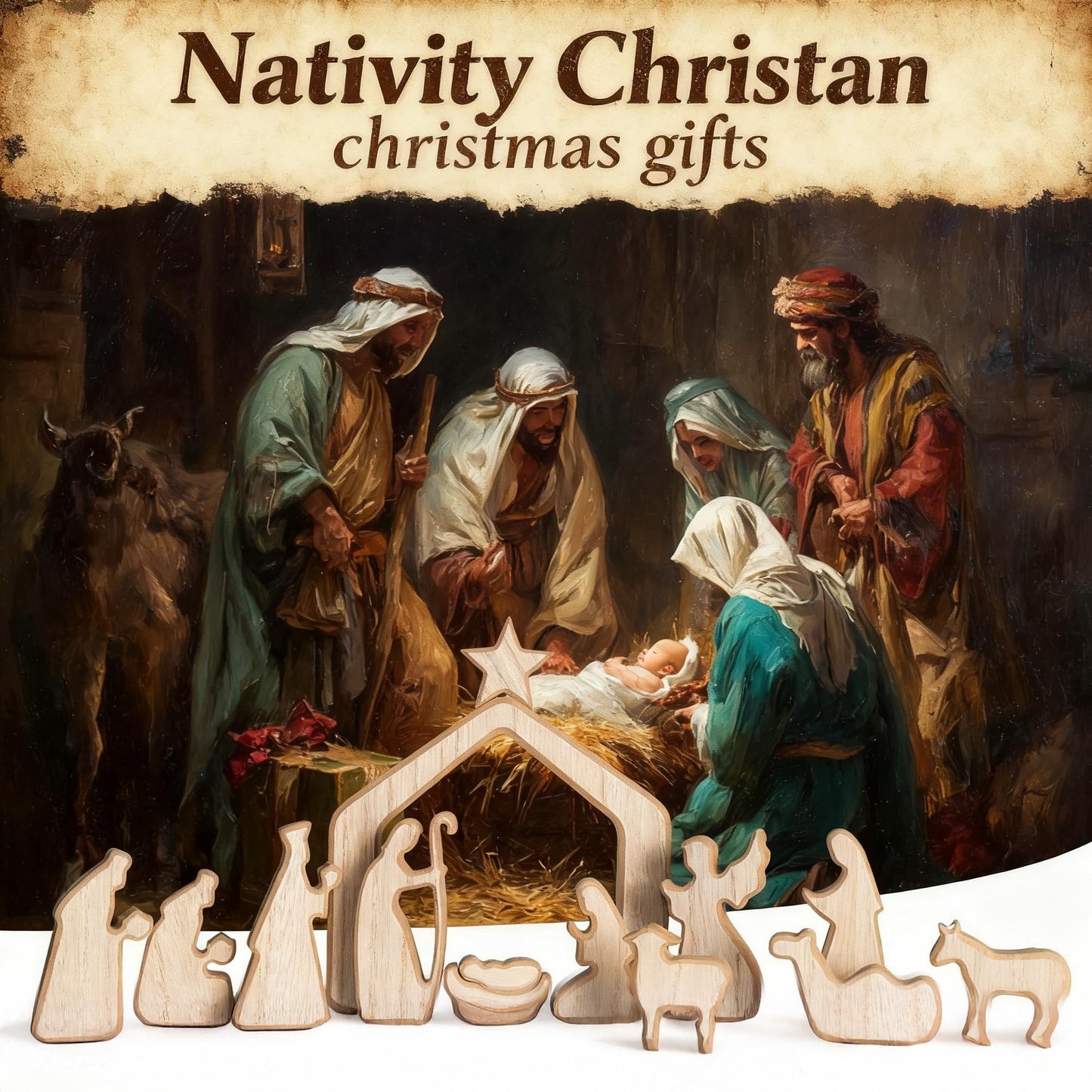 NEROSUN Nativity Scene Set, 13Pcs Wooden Christmas Nativity Scene Miniature Holy Family Figurines, Minimalism Boho Tabletop Christmas Manger Decorations for Indoor Home Mantel Display