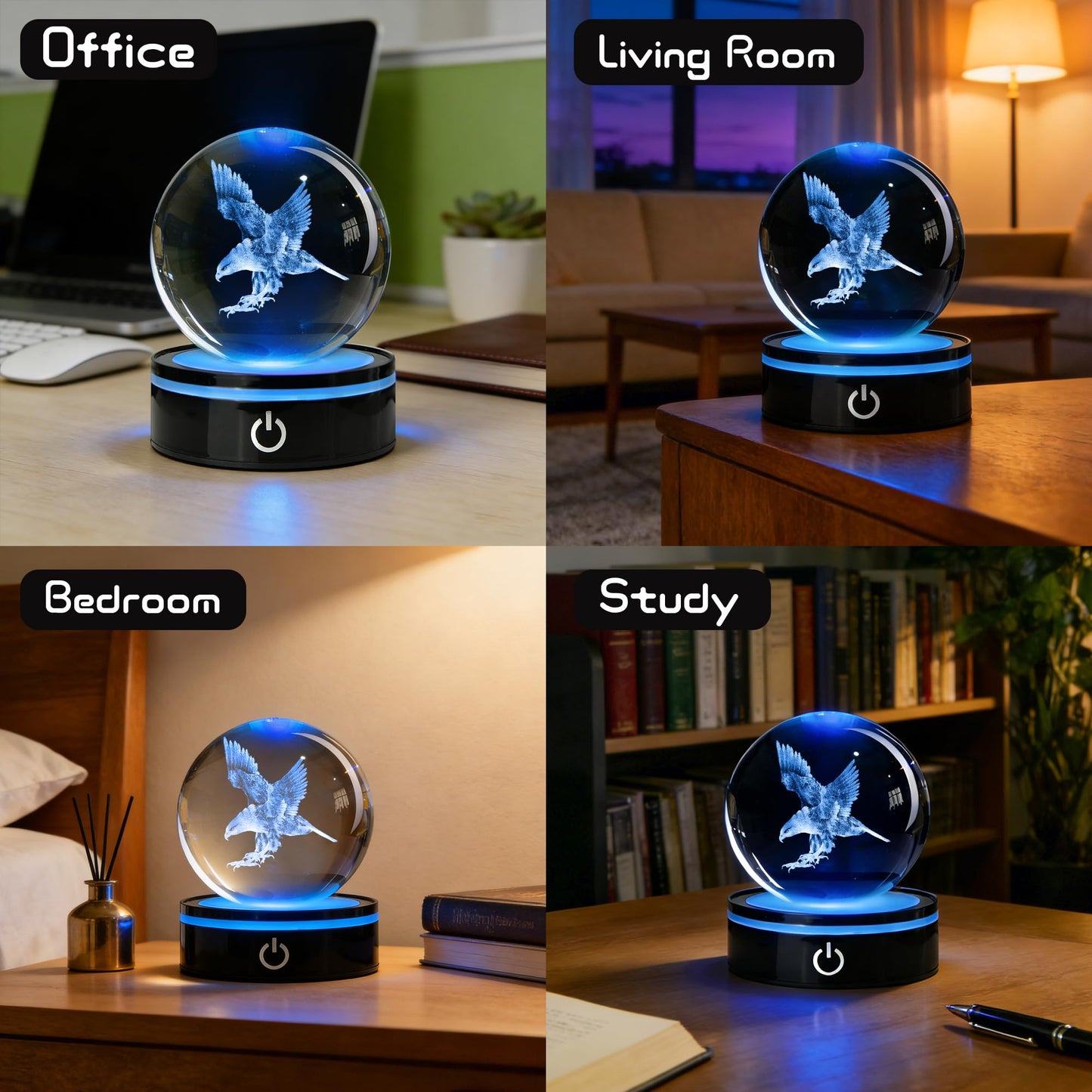 QIANCHANG 3D Eagle Crystal Ball with LED Stand, 80mm Glass Sphere Night Light Lamp, Eagle Statue Gifts for Men Women Kids
