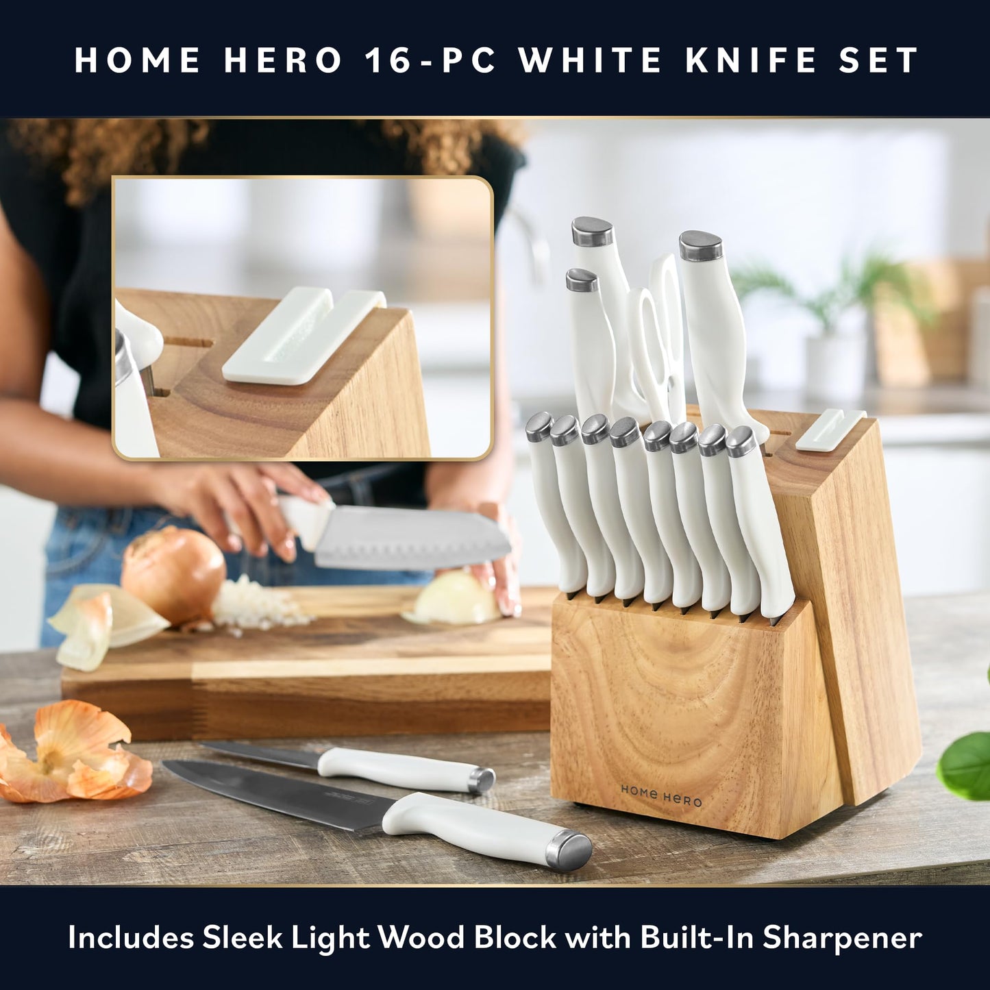 Home Hero Kitchen Knife Set with Sharpener - High Carbon Stainless Steel Knife Block Set with Ergonomic Handles (20 Pcs - Acrylic Black)