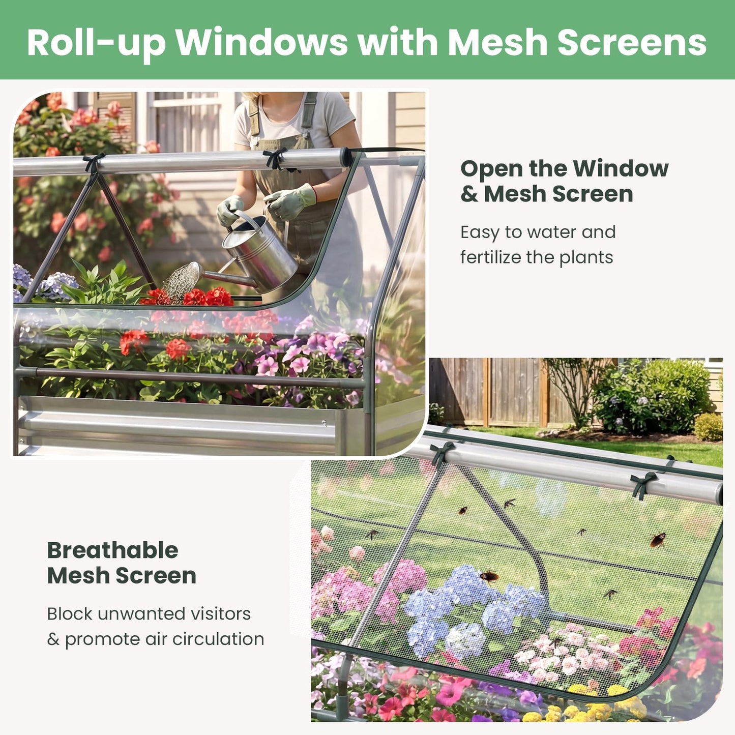 HAPPYGRILL Raised Garden Bed with Cover, Galvanized Metal Planter Box Kit w/2 Large Zipper Mesh Screen Windows, Outdoor Raised Beds for Gardening, Flowers, Vegetables (Silver)