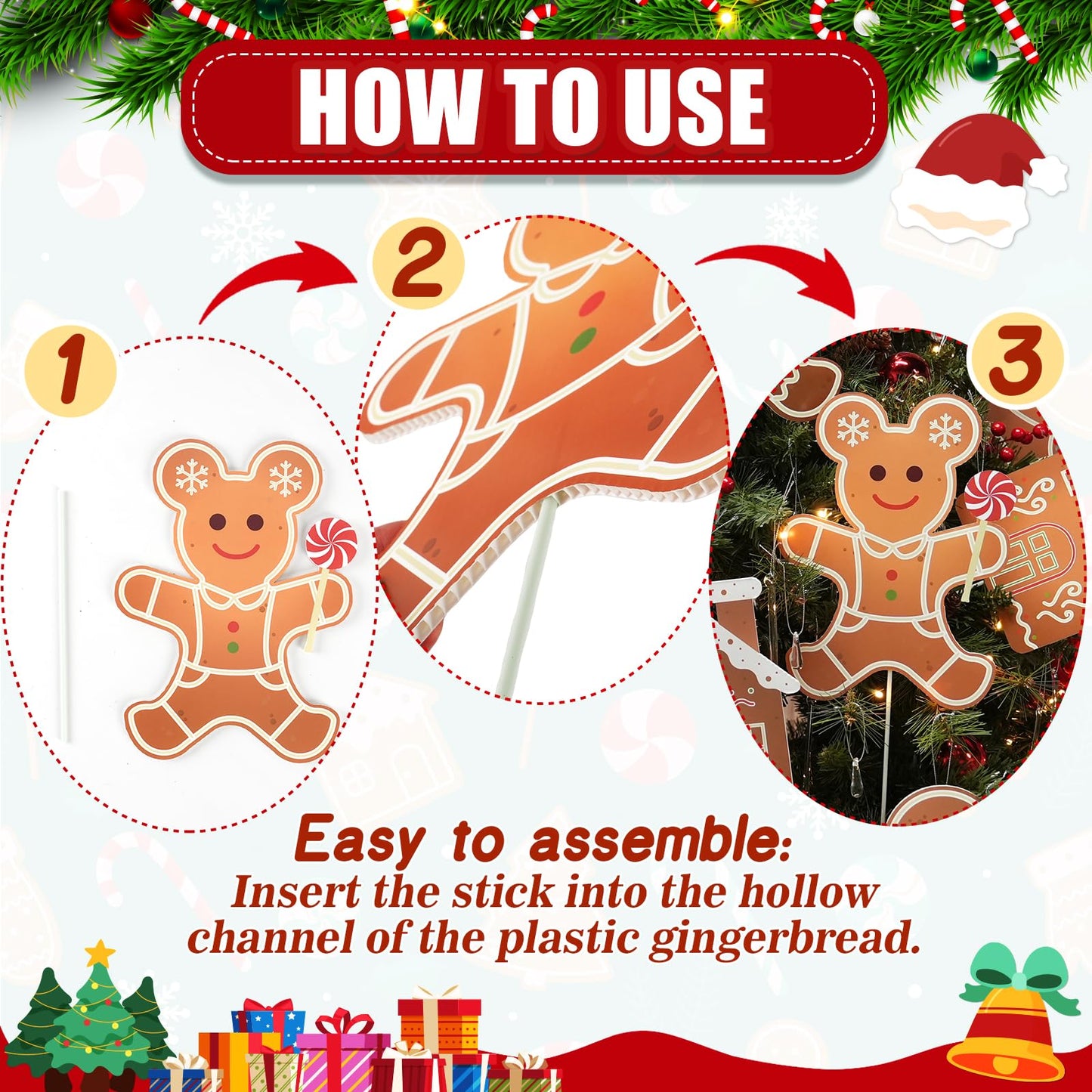 8 Pcs Christmas Tree Decorations Picks, Large Gingerbread Man Christmas Tree Picks, Xmas Gingerbread Man Tree Topper Ornaments for Xmas Trees Winter Holiday Home Party Vase Decor