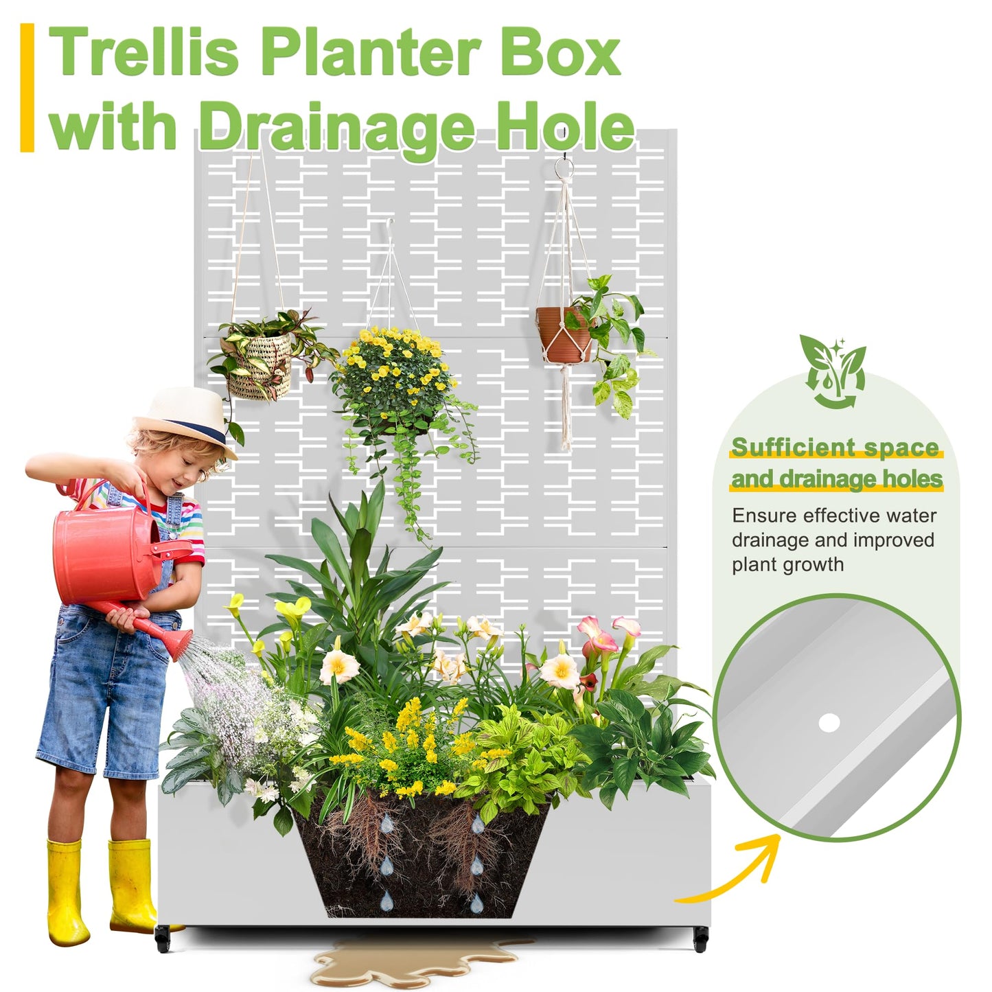 FENCY Metal Raised Garden Bed with Wheels and Trellis,73"x47"x16" Planter Box for Climbing Plants, Vegetables & Vines, Features Privacy Screen and Drainage Holes (White-Brick)