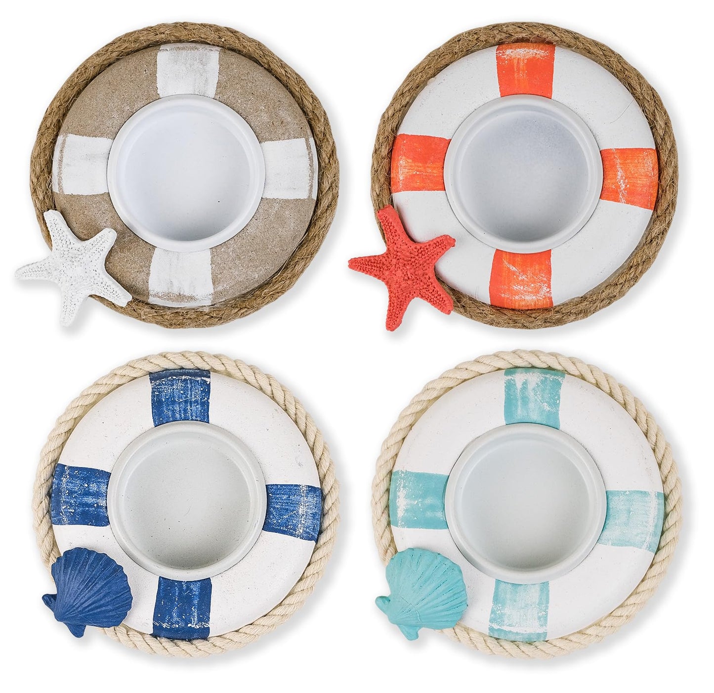 SAILINGSTORY Wooden Life Ring Tealight Candle Holder Nautical Coastal Beach Decor Votive Candle Holder Set of 4 Pack