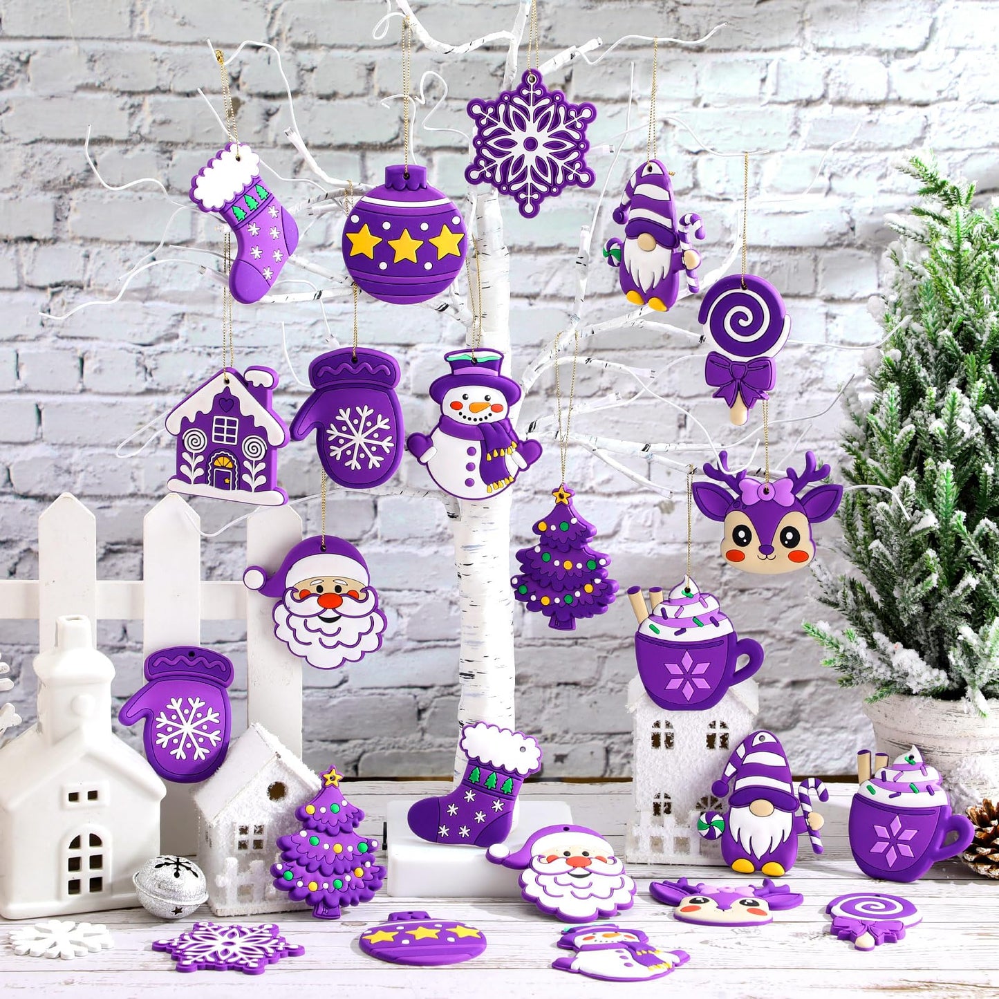 Lunmon 24 Pcs Purple Christmas Ornaments PVC Pastel Ornaments for Christmas Tree Santa Claus Gingerbread House Gnomes Xmas Baubles Winter Decorations for Xmas Tree Party Holiday Decor