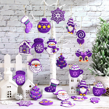 Lunmon 24 Pcs Purple Christmas Ornaments PVC Pastel Ornaments for Christmas Tree Santa Claus Gingerbread House Gnomes Xmas Baubles Winter Decorations for Xmas Tree Party Holiday Decor
