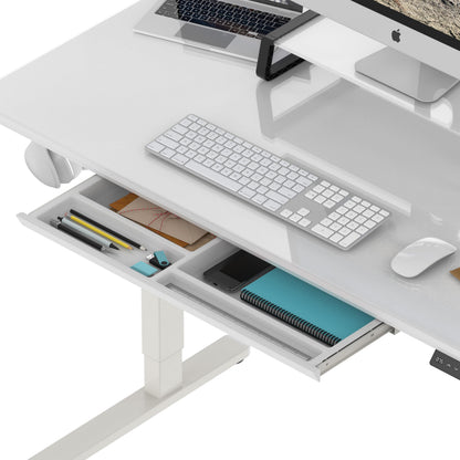 SHW 48x24 Glass Electric Height Adjustable Standing Desk – Motorized Sit Stand Desk with Monitor Riser, Pull-Out Drawer, Memory Presets, White