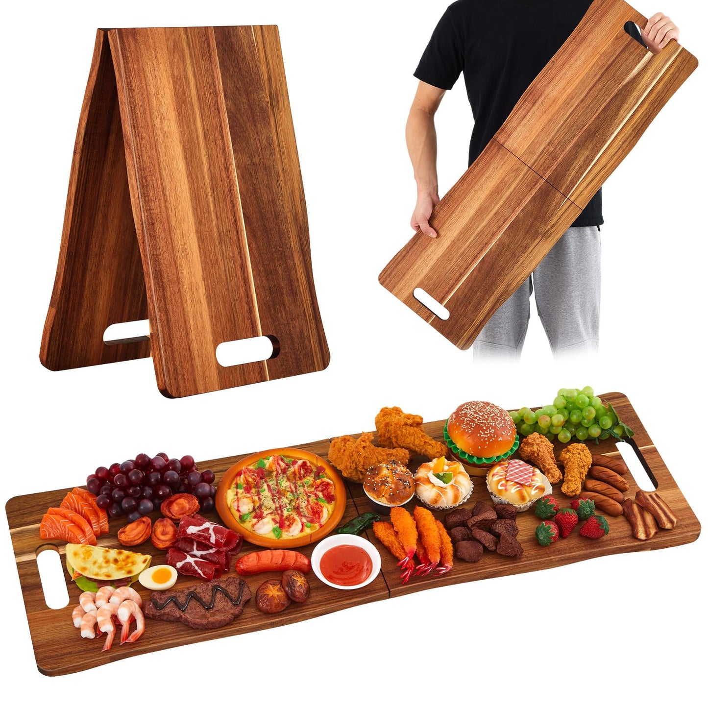 FoldTier Large Acacia Charcuterie Board with Handles 36 x 12 Inch Christmas Extra Large Wood Foldable Serving Tray Rectangular Appetizers Cheese Food Meat Board for New Home Party Housewarming Gifts